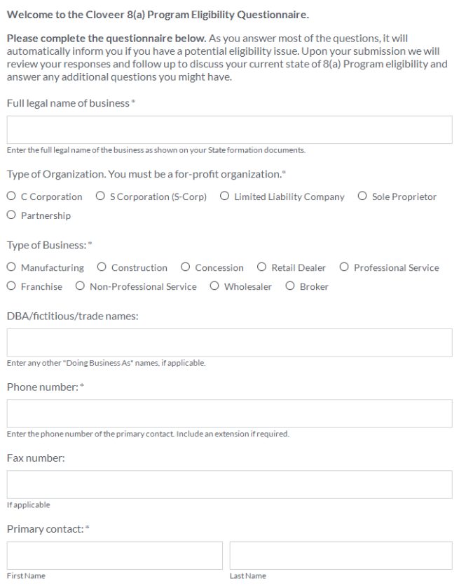 8(a) eligibility questionnaire